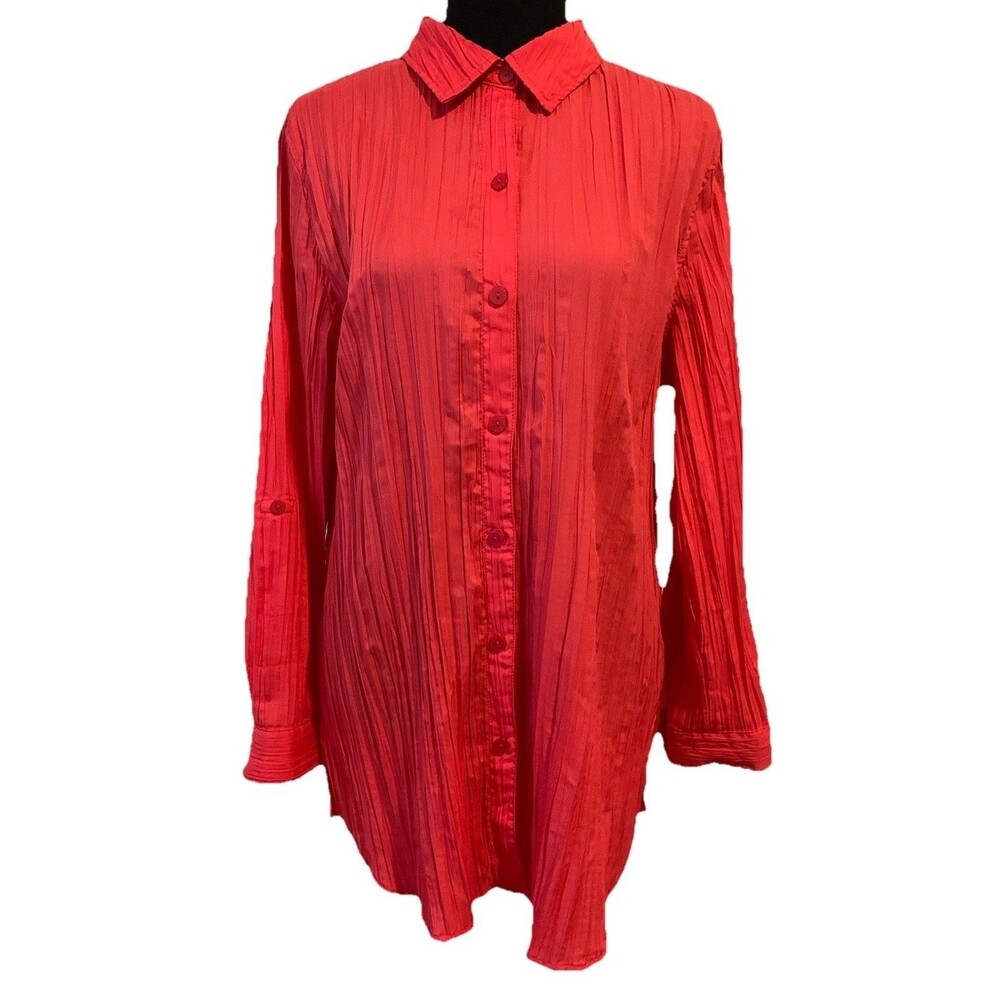 Chicos Size 2 Womens Large Top Coral Pink Crinkle Button Long Roll Tab Sleeves